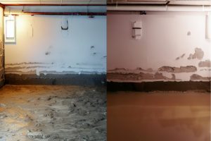 A before-and-after comparison image illustrating a damp, water-damaged basement transformed into a dry and protec