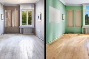 A comparison photo showing a room before painting - with dull, aged paint - and after a professional painting