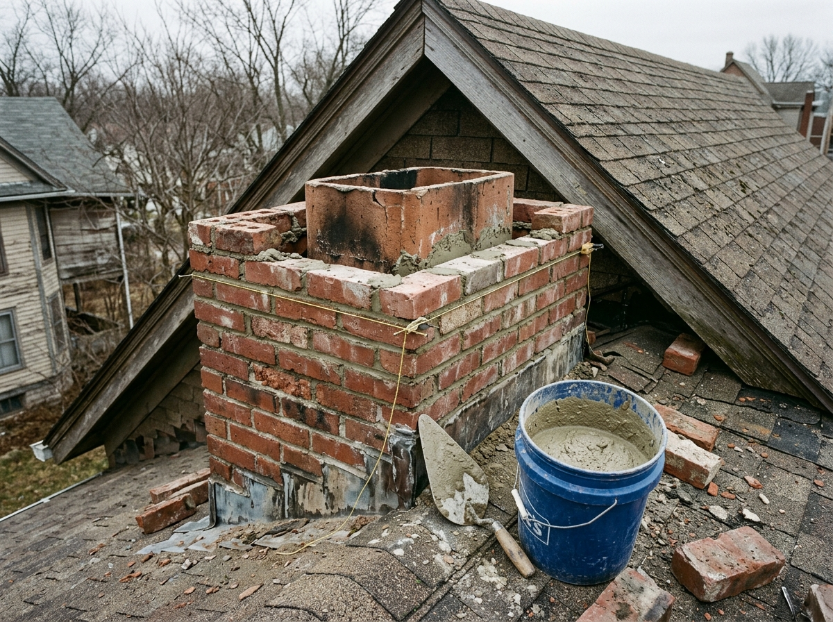 Brick chimney mid-rebuild with fresh mortar on a new crown and the clay flue liner exposed