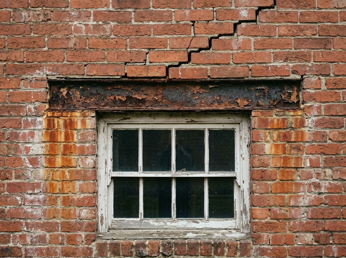 Rusted steel lintel above a window with stair-step cracking and rust staining on the brick below