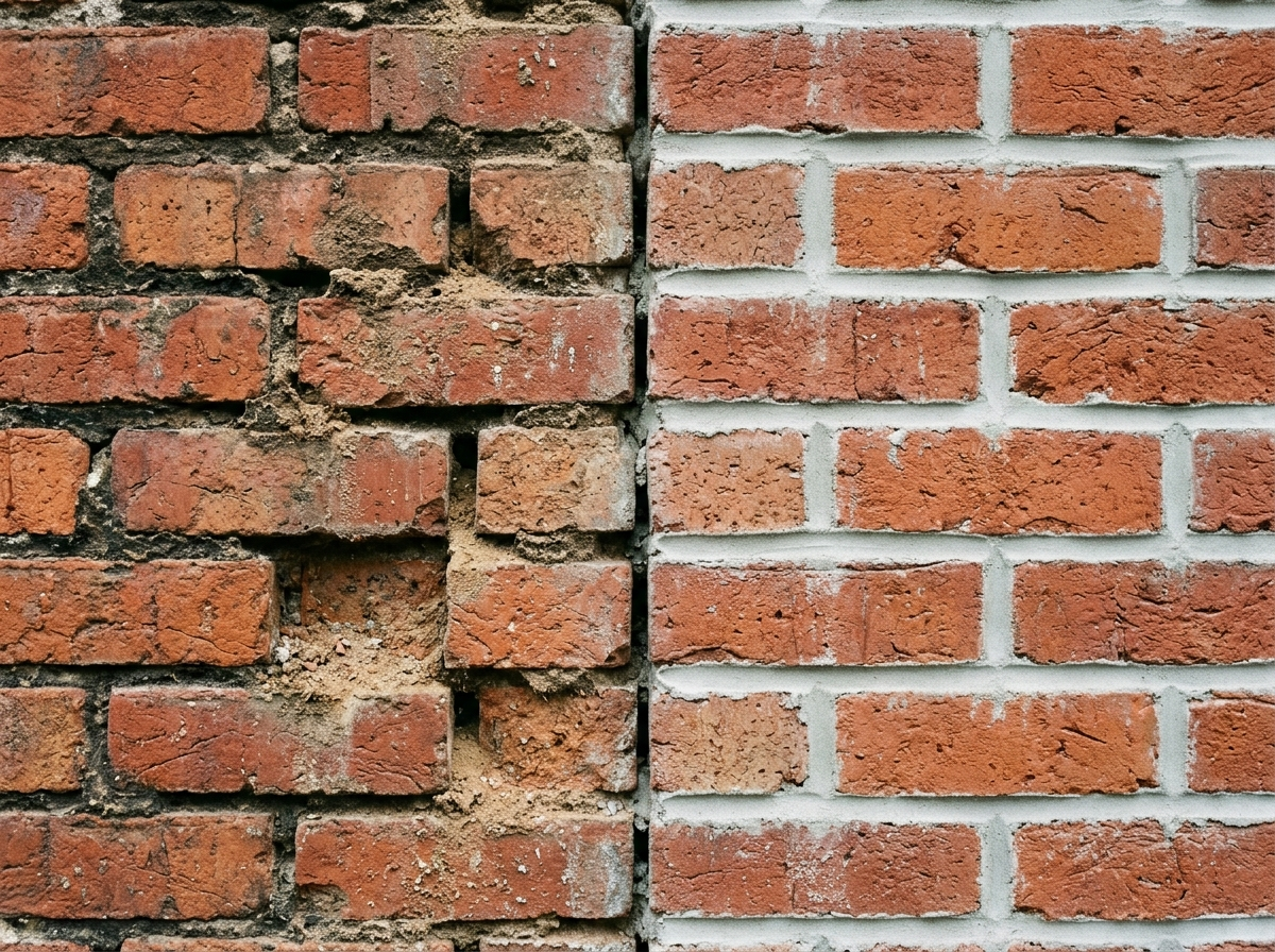 Brick wall mid-tuckpointing with eroded mortar joints on the left and freshly struck joints on the right